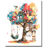 Paint by Numbers Art Illustration Blue Treehouse Autumn